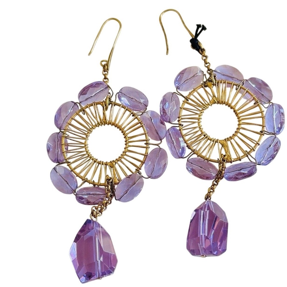 Chunky Lavender Purple‎ Hoop Earrings Crystal Wired Brass BOHO Statement 5.5"L